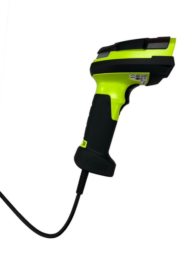 Handheld DS3608-SR barcode scanner with green and black design on a white background.