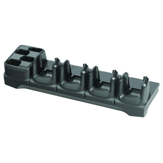 Zebra CRD-MC33-4SC4BC-01, a black 4-slot charging cradle with a 4-slot battery charger for the MC3300/MC3400 series of mobile computers.