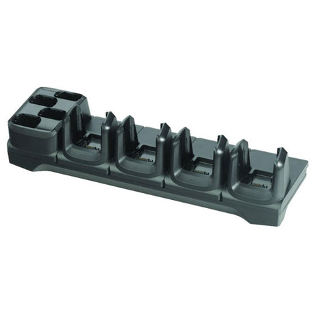 Zebra CRD-MC33-4SC4BC-01, a black 4-slot charging cradle with a 4-slot battery charger for the MC3300/MC3400 series of mobile computers.