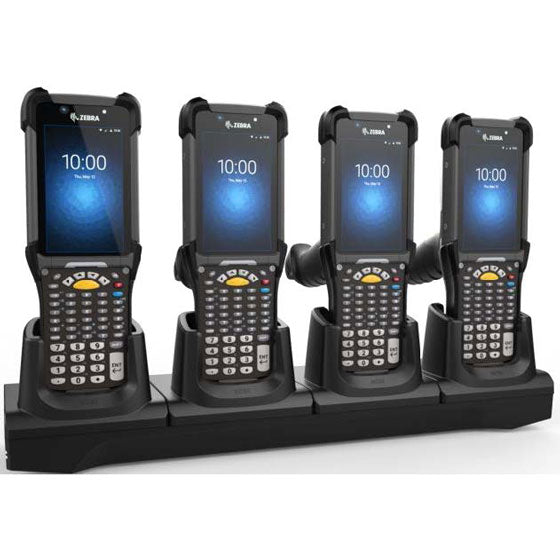 Non-OEM CRD-MC93-4SCHG-01 4-slot charging cradle for Zebra MC93XX and MC94XX mobile computers, with four devices docked and charging.