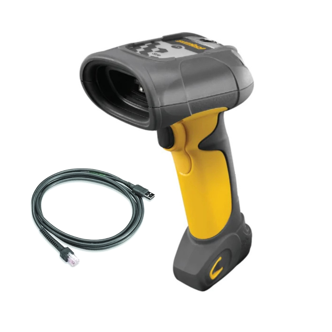 Zebra Symbol Motorola DS3508-ER extended range rugged industrial barcode scanner with USB cable, part # DS3508-ER20005R