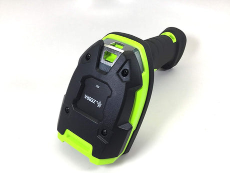 DS3608-SR black and green barcode scanner with a Zebra logo on a white background.