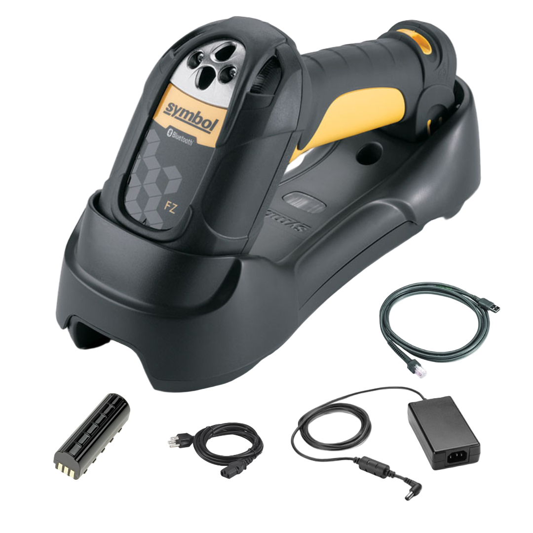Symbol LS3578-FZ barcode scanner kit with accessories on a white background.