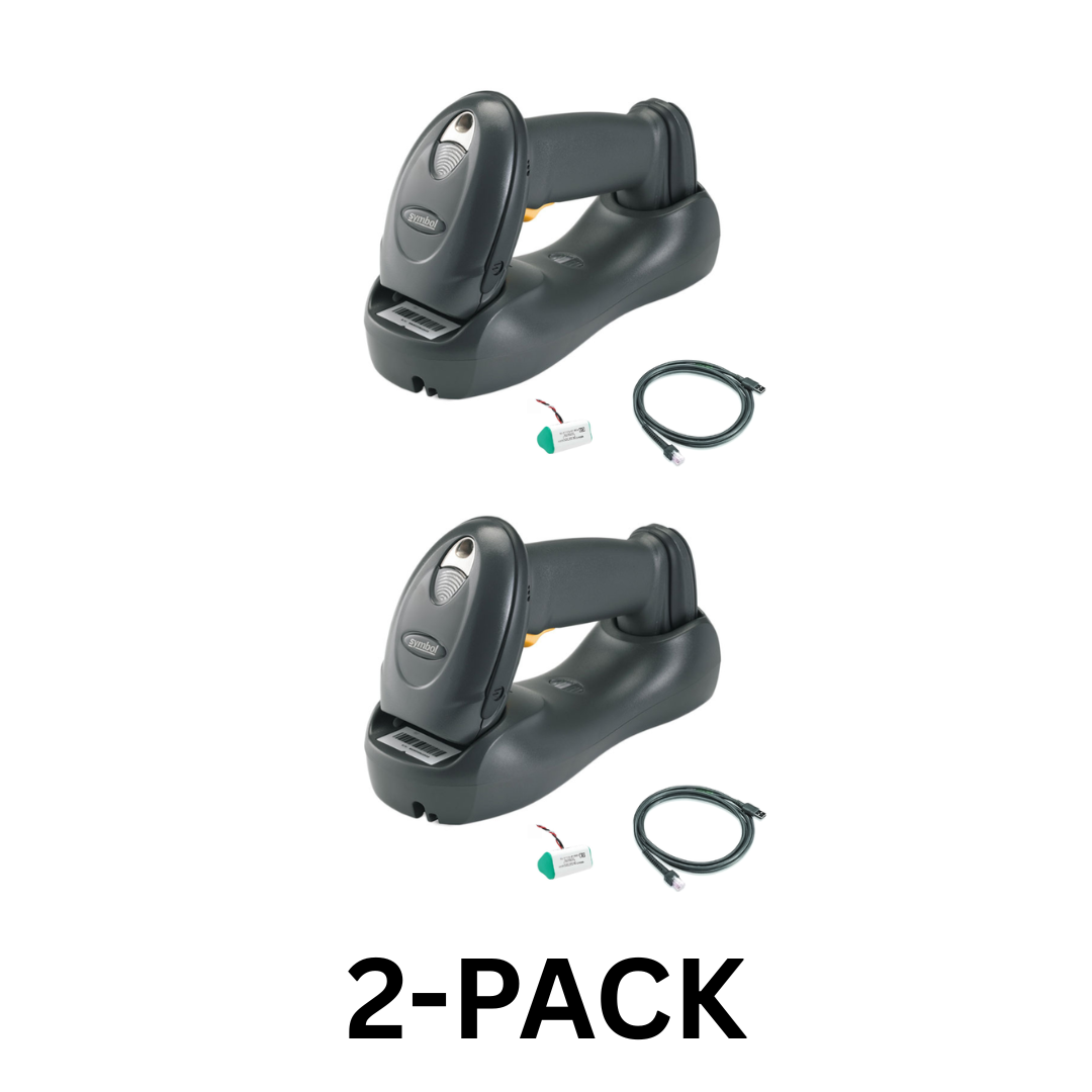 Zebra LS4278 wireless Bluetooth barcode scanner 2-pack with cradles and USB cables, models LS4278-TRBU0100ZWR and LS4278-SR20007ZZWR
