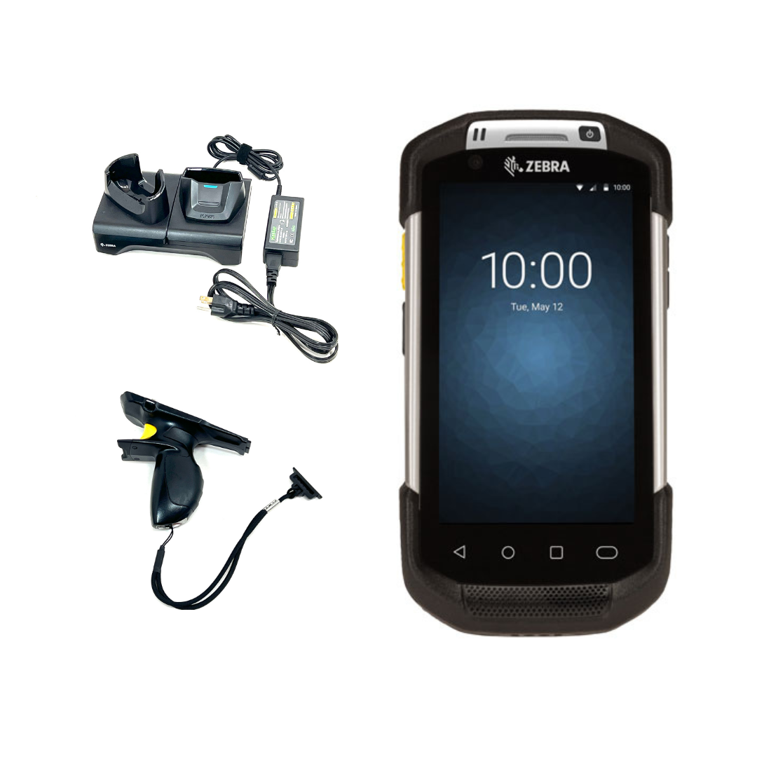 Zebra TC72 Android scanner with accessories on a white background.