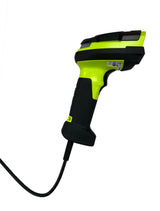 Handheld DS3608-SR barcode scanner with green and black design on a white background.