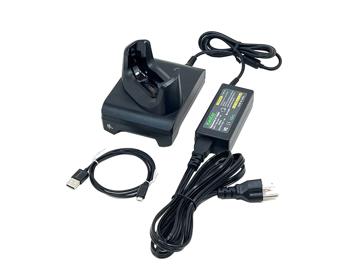 Zebra TC5X charging cradle with power supply and USB cable on a white background.