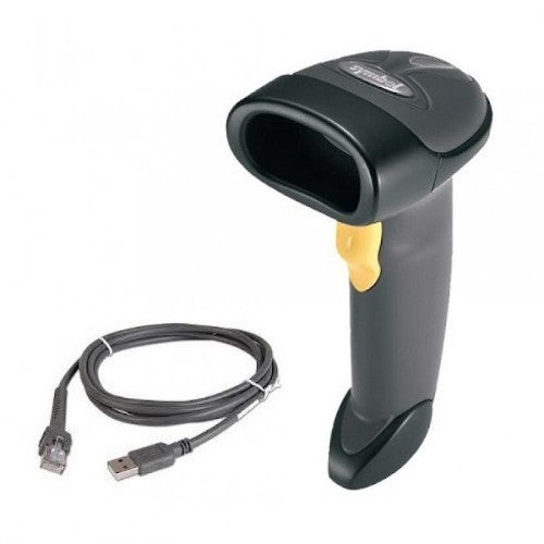 Zebra LS2208-SR barcode scanner with usb cable on a white background.