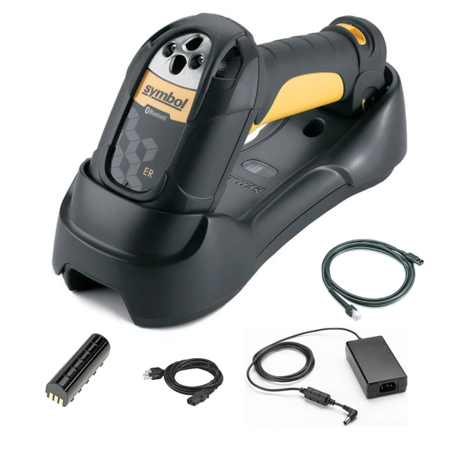 Symbol LS3578-ER extended-range barcode scanner kit with accessories on a white background.