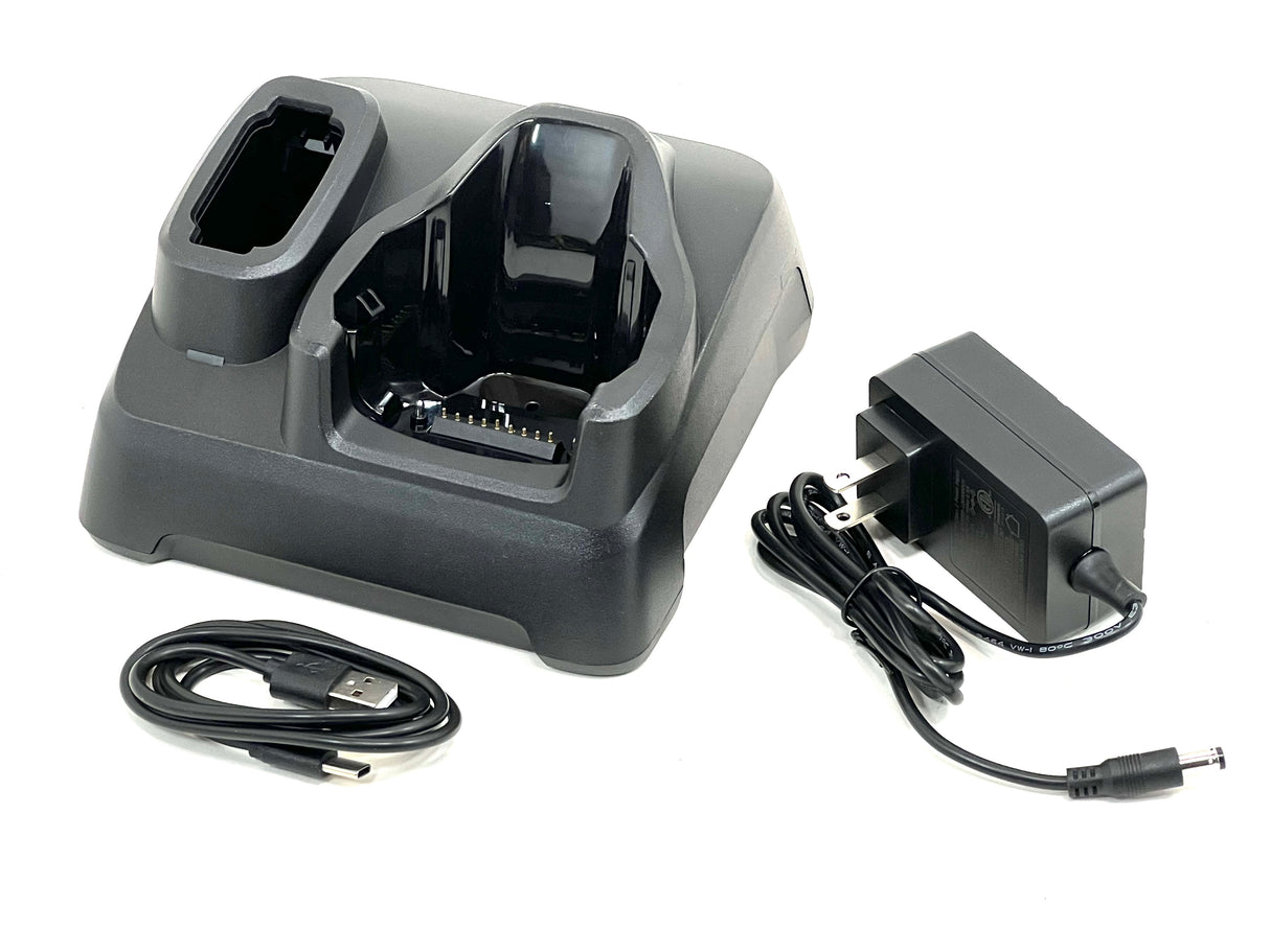 Zebra CRD-MC93-2SUCHG-01 charging cradle with power supply and USB cable.