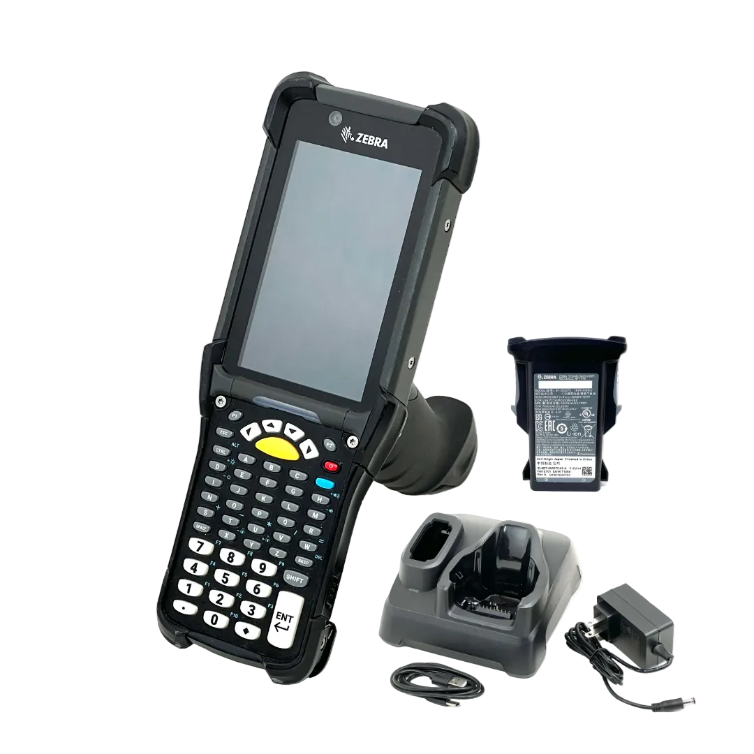 Zebra MC9300 mobile computer kit with battery and charging cradle, featuring an extended range 2D imager (SE4850) and 53-key alphanumeric keypad