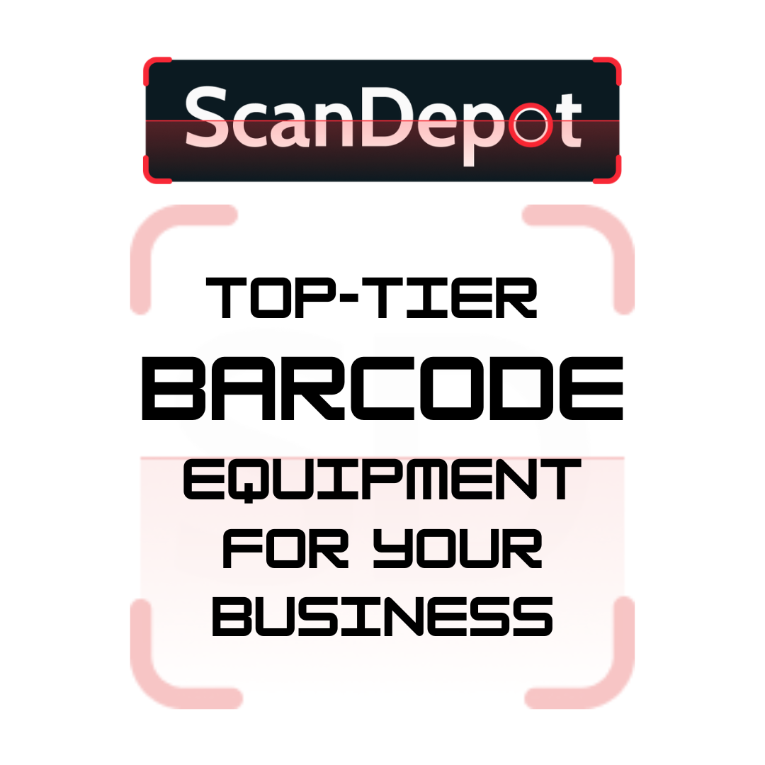 Promotional graphic for ScanDepot featuring the brand name 'ScanDepot' in a black badge at the top, with the text 'TOP-TIER BARCODE EQUIPMENT FOR YOUR BUSINESS' in bold black lettering on a white background with light pink framing lines.