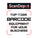 Promotional graphic for ScanDepot featuring the brand name 'ScanDepot' in a black badge at the top, with the text 'TOP-TIER BARCODE EQUIPMENT FOR YOUR BUSINESS' in bold black lettering on a white background with light pink framing lines.