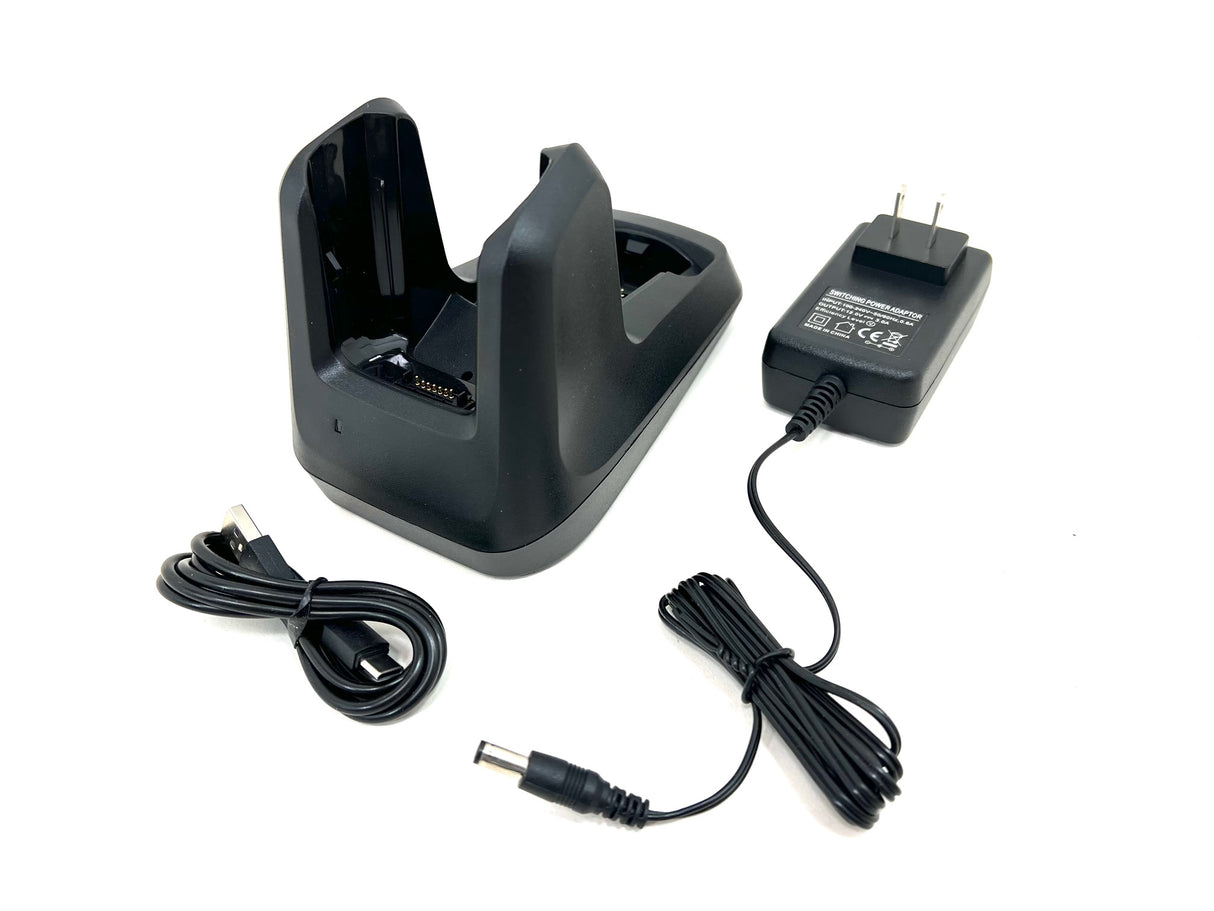 Single-slot Zebra MC3300 USB cradle with a spare battery charger.