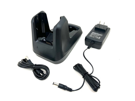 Single-slot Zebra MC3300 USB cradle with a spare battery charger.