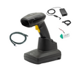 Zebra DS6878-PRBU0100AWR cordless 2D barcode scanner kit with scanner, battery, hands-free cradle, USB cable, power supply and power cord on white background.