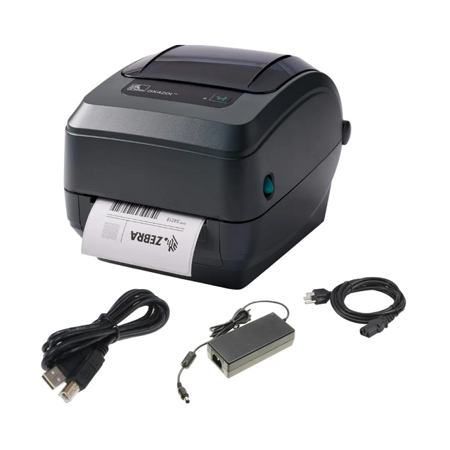 Zebra GK420t desktop barcode label printer (GK42-102210-000) with USB cable and power supply assembly