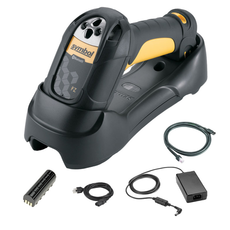 Zebra LS3578-FZBU0100UR wireless barcode scanner kit with LS3578-FZ20005R scanner and STB3578-C0007WR cradle, also known as LS3578-FZ or fuzzy scanner