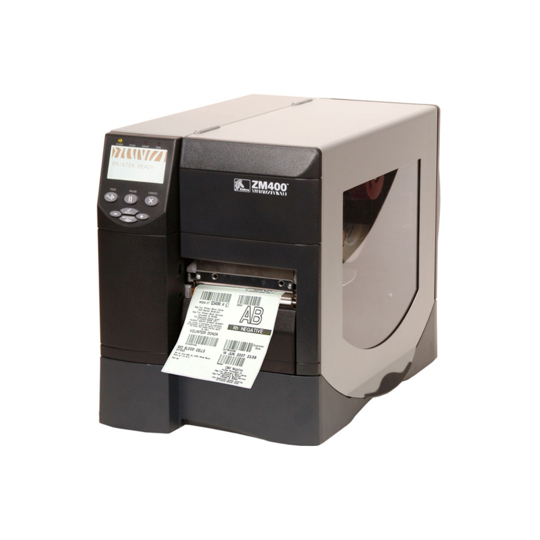 Zebra ZM400 industrial barcode label printer with 300 dpi and 4-inch print width, part # ZM400-3001-0100T