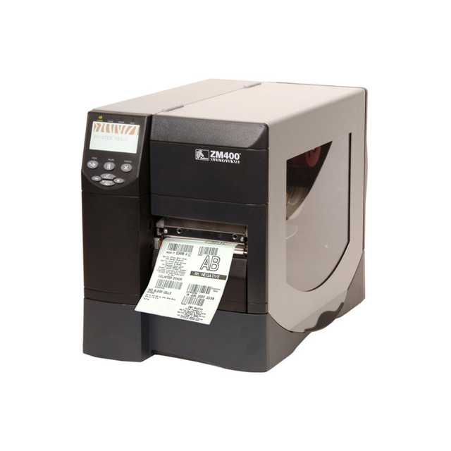 Zebra ZM400 industrial barcode label printer with 300 dpi and 4-inch print width, part # ZM400-3001-0100T