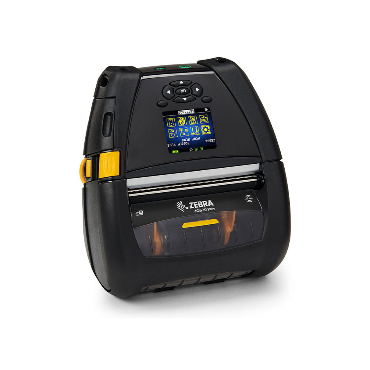 Zebra ZQ630 Plus mobile barcode label printer, part number ZQ63-AUWA004-00, with WiFi and Bluetooth connectivity.